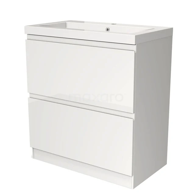 Wit badkamermeubel met twee greeploze lades, modern design, gemaakt van hoogglans MDF.