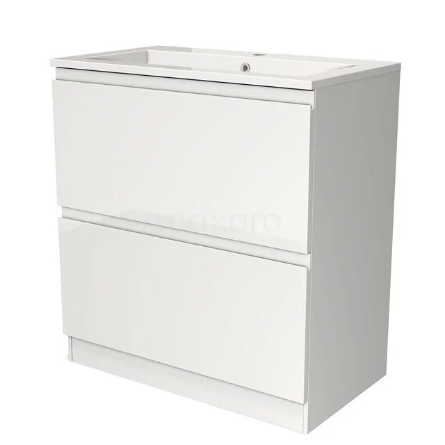 Weißes Badezimmermöbel mit zwei grifflosen Schubladen, modernes Design, geeignet für Waschbeckenmontage.