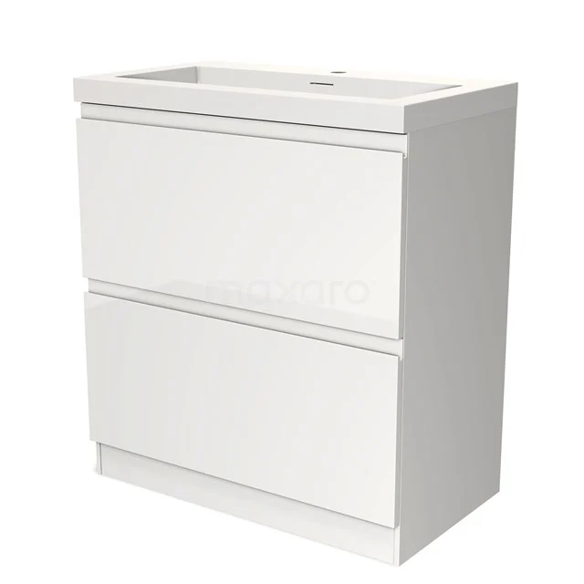 Witte badkamerkast met twee lades, glanzende afwerking en strak modern design, ideaal voor compacte badkamers.