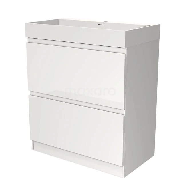 Wit badkamermeubel met twee lades, strak design en hoogglans afwerking, ideaal voor moderne badkameropslag.