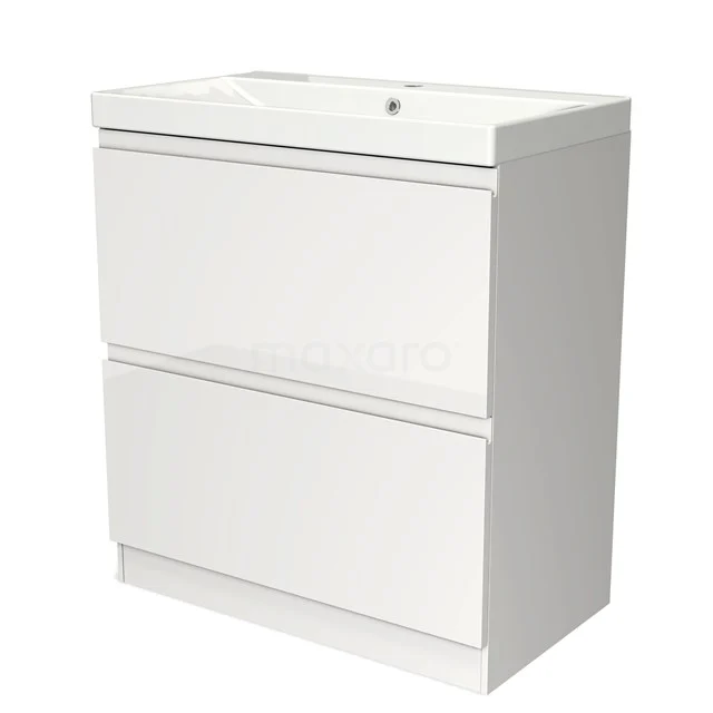Modulo Bathroom furniture with sink | 80 cm High-gloss white Handle-less front Ceramic 2 high drawers standing drawers under each other BMW13S-00092 White bathroom cabinet with two drawers, modern design, glossy finish and integrated basin.