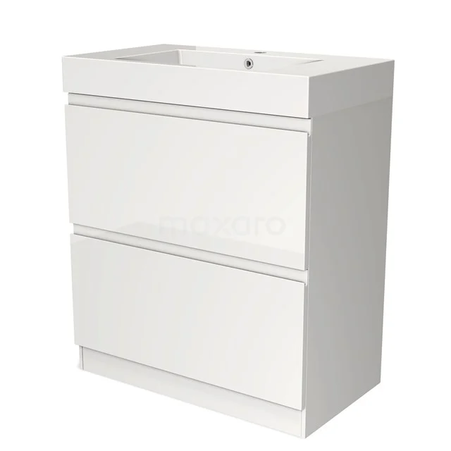 Weißes Badezimmermöbel mit zwei Schubladen, modernes Design, glänzende Oberfläche, ideal für stilvolle und platzsparende Badezimmerlagerung.