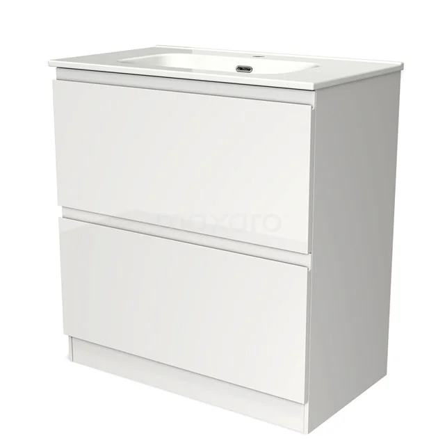 Weißer Badschrank mit zwei Schubladen, modernes Aussehen, aus hochwertigem MDF gefertigt, ideal für jede Badezimmergestaltung.