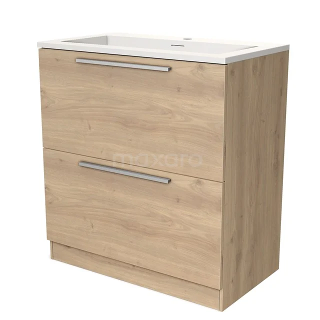 Hölzerner Badschrank mit zwei Schubladen, weißem Waschbecken und schlichten Metallgriffen, perfekt für moderne Badezimmerlagerung.