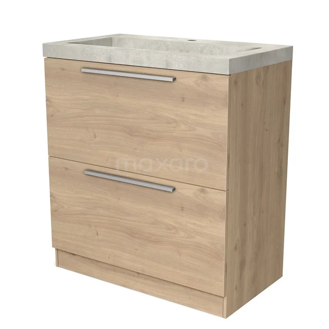 Wooden bathroom unit with basin, light oak look, two drawers with metal handles, compact and modern design.