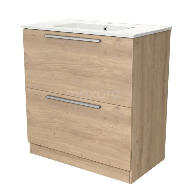 Holz Badezimmermöbel mit zwei Schubladen, natürliche Eichenfarbe, eingebautes Waschbecken, modernes Design für praktische Badezimmerlagerung.