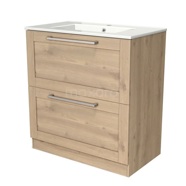 Modulo Vanity units with basin | 80 cm Light brown oak Frame front Ceramic 2 high drawers standing drawers under each other BMW13S-00113 Wooden vanity units with basin, light oak look, two drawers with silver handles for storage space.