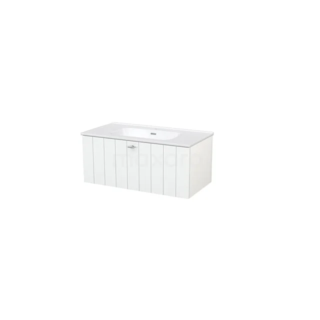 Modulo+ Vanity units with basin | 90 cm High-gloss white Slat front Ceramic 1 drawer BMP004404 White wooden basin base cabinet with modern lines, suitable for bathroom storage. Perfect for a clean, organised look.