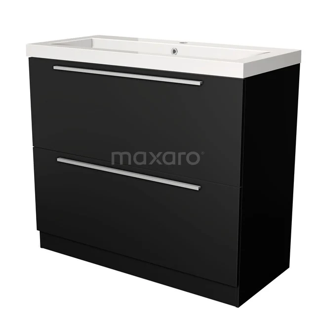 Zwarte badkamermeubelset met tweeladige kast, strak design en wit wastafelblad van keramiek, ideaal voor moderne badkamers.