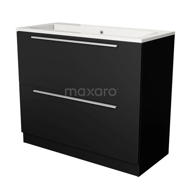 Zwarte badkamermeubelset met twee lades, slanke handgrepen en een wit wastafelblad, modern design voor stijlvolle badkamers.