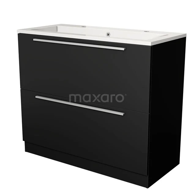 Black bathroom furniture set with two drawers, chrome handles and ceramic basin, sleek and modern design.