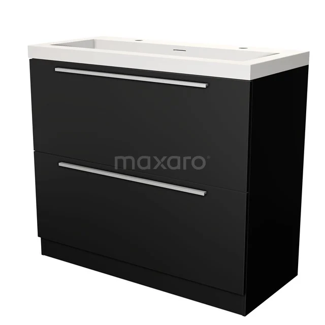 Black bathroom unit with double drawers, white vanity units with basin and sleek handles, ideal for modern bathroom design.