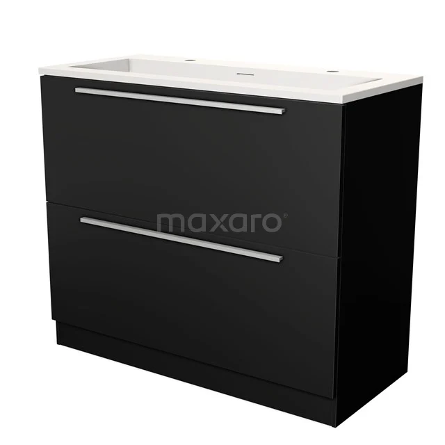 Black bathroom furniture set with double basin drawers, white ceramic basin and chrome handles, modern and sleek design.