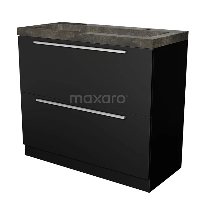 Schwarzes Badmöbel mit zwei Schubladen, Betonlook Waschtischplatte, modernes Design, ideal für stilvolle Badezimmeraufbewahrungslösungen.