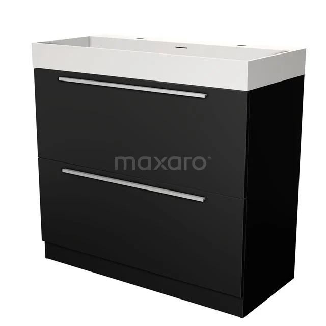 Black bathroom unit with white vanity units with basin, two drawers and sleek handles, ideal for modern bathroom design.