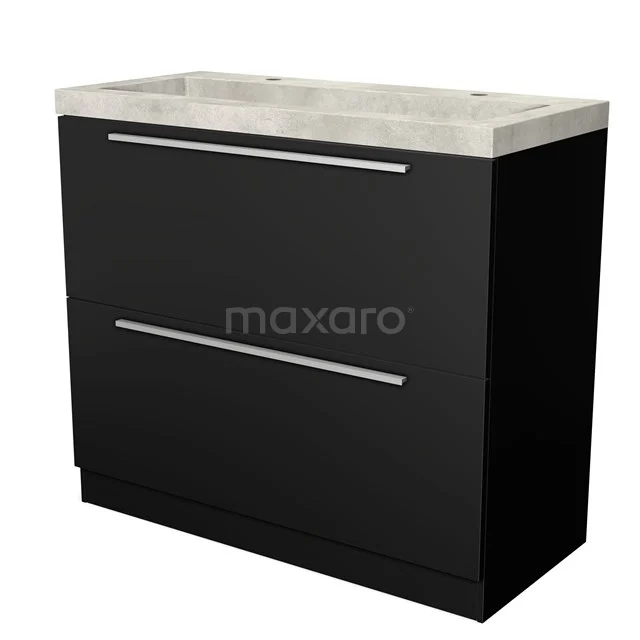 Zwarte badkamermeubel met twee lades en een betonnen wastafel, modern design en strakke uitstraling.