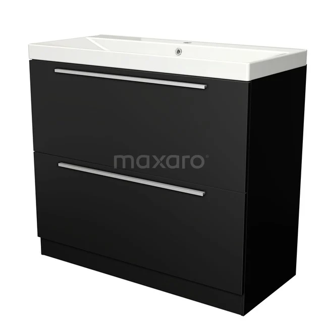 Black bathroom unit with white vanity units with basin, 2 drawers with metal handles, modern design and high-gloss finish.