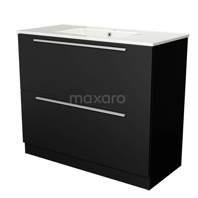 Zwarte badkamermeubelset met twee lades, strakke handgrepen en een witte wasbak, modern design voor badkameropslag.
