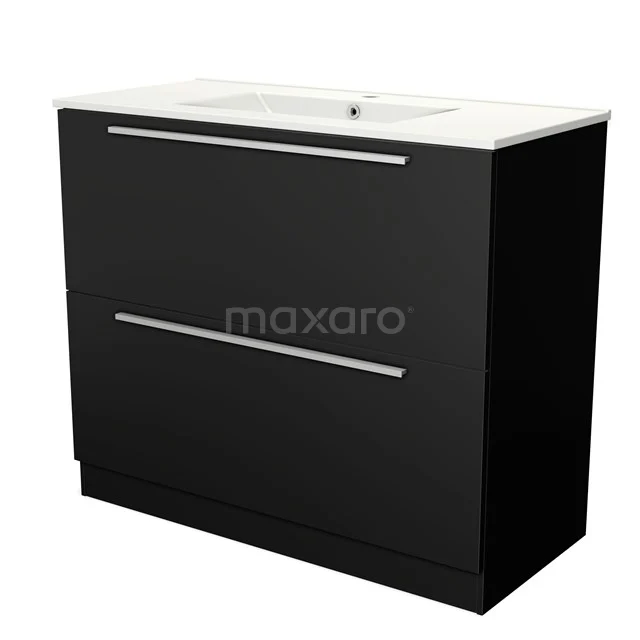 Black bathroom furniture set with 2 drawers, sleek chrome handles and a matte white ceramic basin worktop.