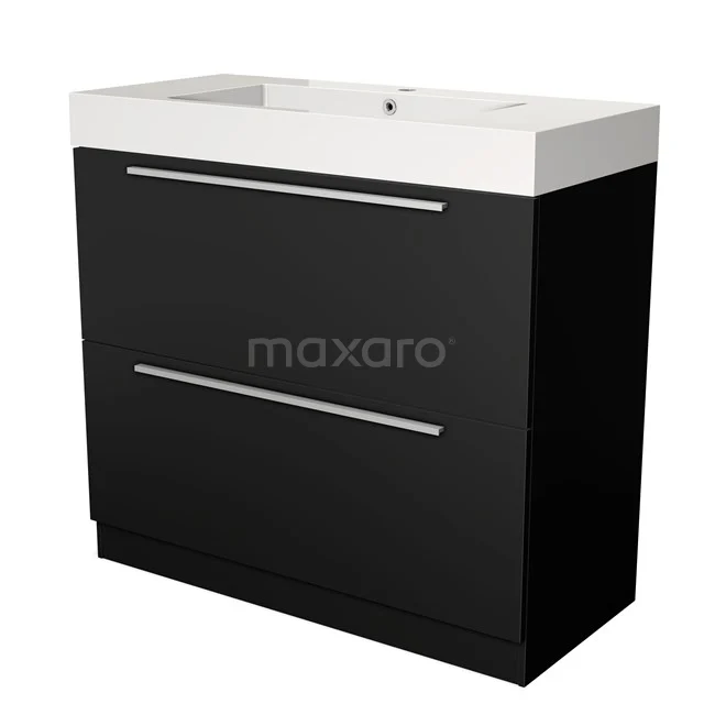 Zwart-wit badkamermeubel met geïntegreerde wastafel, strak design, twee brede lades en chromen handgrepen.