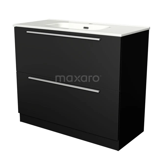 Zwarte badkamermeubel met twee lades, strakke chromen handgrepen en witte wastafel; modern design, ideaal voor kleine badkamers.