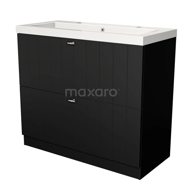 Black bathroom furniture set with two drawers and white ceramic basin, sleek design perfect for modern bathrooms.