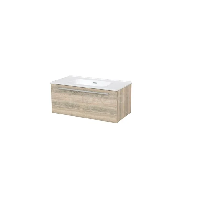 Wooden vanity unit with modern sink, light Oak finish, spacious drawers and compact design for stylish bathrooms.