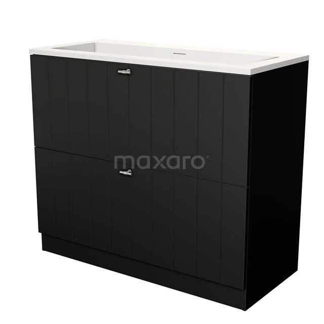 Modulo Bathroom furniture with sink | 100 cm Matte black Slat front Solid surface 2 high drawers standing drawers under each other BMW13S-00157 Black bathroom furniture set with clean lines, two drawers and white basin, ideal for a modern bathroom style.