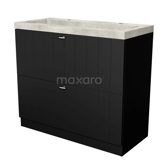 Black bathroom unit with matte black drawers, concrete-look basin worktop and modern design, ideal for a stylish bathroom.