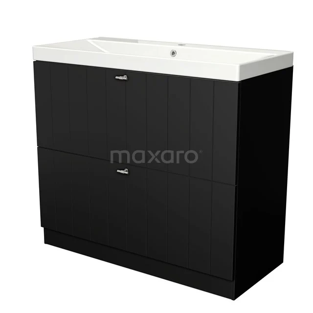 Black bathroom furniture set with white ceramic basin, two spacious drawers and sleek design for modern bathrooms.