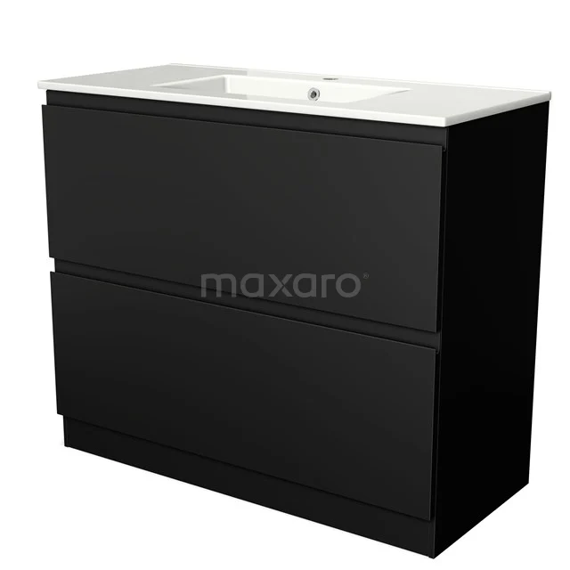 Zwarte hangende badkamermeubel met twee lades en geïntegreerde wastafel, strak design van houtfineer.