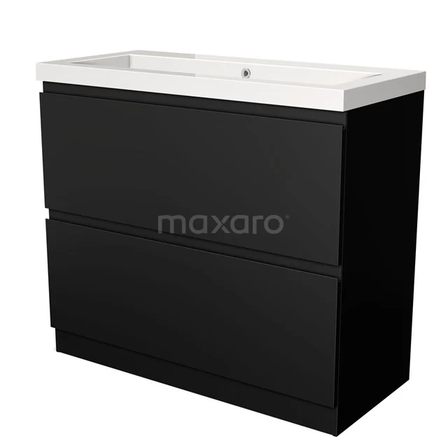 Black bathroom unit with two drawers and glossy white ceramic vanity units with basin, sleek design from the modern series.