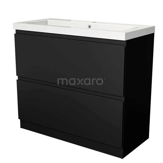 Schwarzer Badschrank mit zwei Schubladen, modernes Design, matte Oberfläche, inkl. weißem Waschbecken aus Keramik.