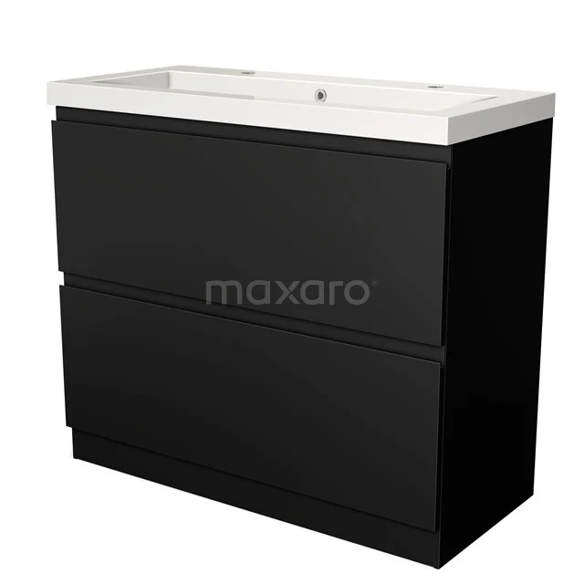 Zwarte minimalistische wastafelkast met ingebouwde wastafel, ideaal voor moderne badkamerinrichting.