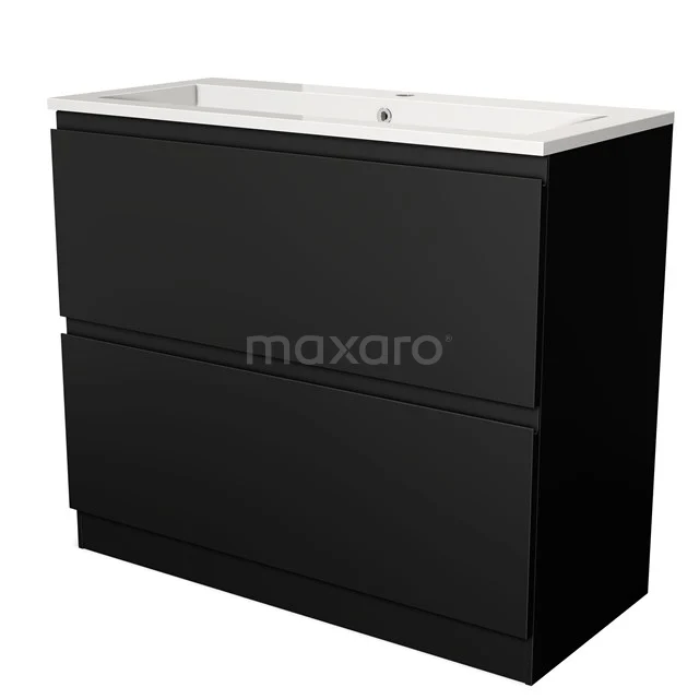 Zwarte badkamermeubelset met twee lades, mat finish en wit keramisch wastafelblad. Modern design voor een stijlvolle badkamer.