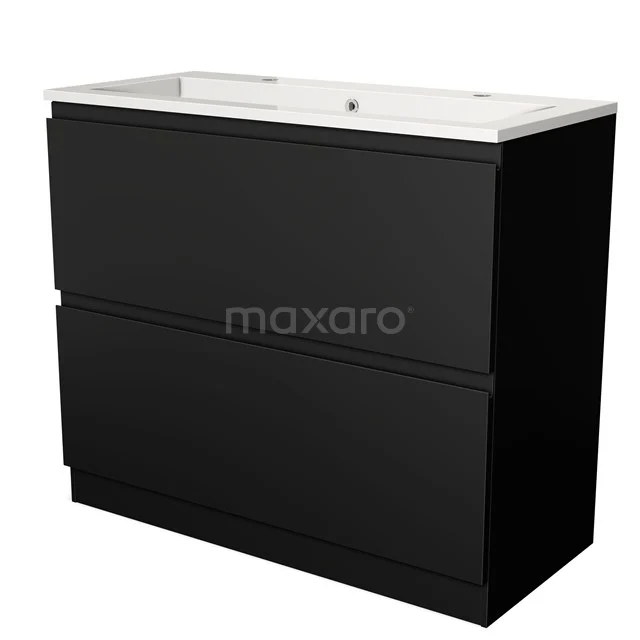 Zwarte badkamermeubelset met mat afwerking en witte keramische wastafel, modern design met dubbele lades voor extra opbergruimte.