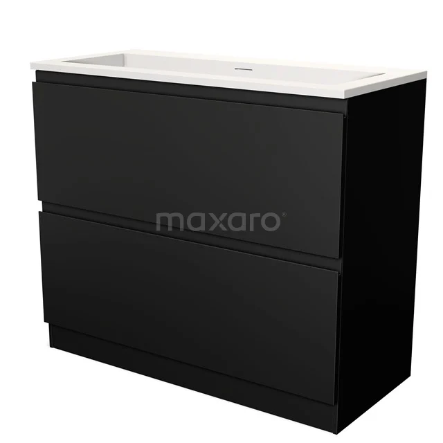 Zwarte badmeubelset met twee lades, mat afgewerkt, compleet met witte wastafel. Perfect voor een moderne badkamerstijl.