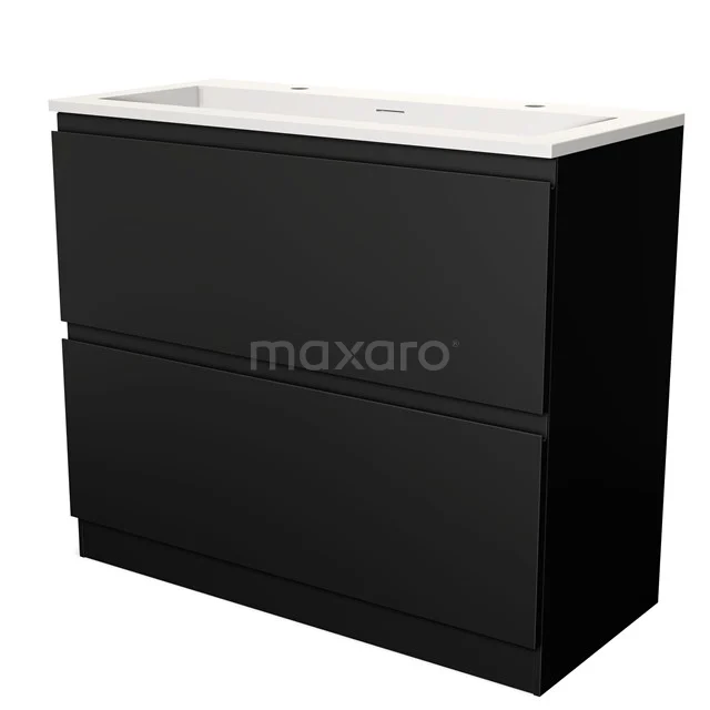 Zwarte badkamermeubel met twee lades, keramische wastafel en strak design, perfect voor een moderne badkamerstijl.