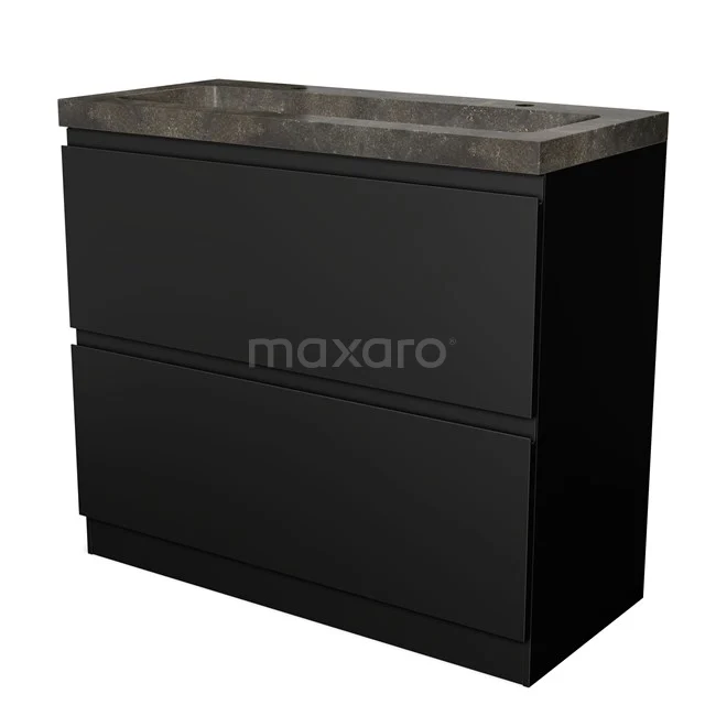 Zwarte badkamermeubel met twee lades, betonlook wastafelblad, modern design, ideaal voor stijlvolle badkamerindeling.