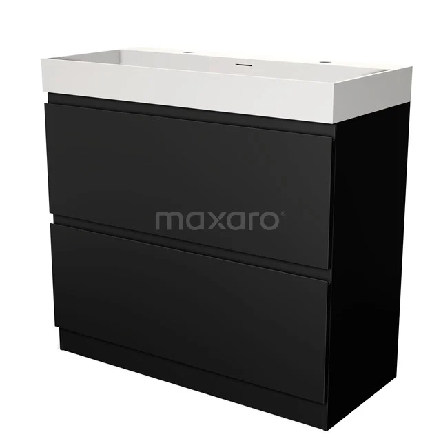 Modulo Badkamermeubel met wastafel | 100 cm Mat zwart Greeploos front Solid surface 2 hoge lades onder elkaar staand BMW13S-00180