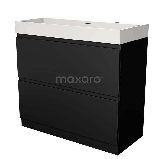 Black bathroom unit with white Basin worktop, modern style, two drawers, ideal for stylish and organised bathrooms.