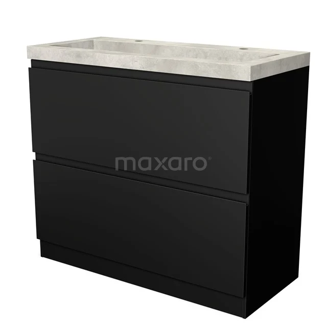 Schwarzes Badmöbel mit zwei Schubladen und Waschtischplatte aus Keramik, modernes Design, perfekt für einen klaren Badezimmerstil.