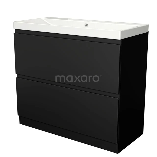 Black bathroom unit with two-tier drawers and white ceramic vanity units with basin, sleek design for modern bathrooms.