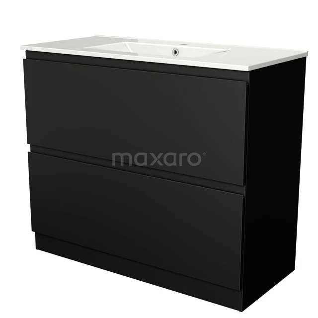 Zwarte wastafelmeubel met twee lades, modern design, inclusief witte keramische wastafel; perfect voor een stijlvolle badkamer.