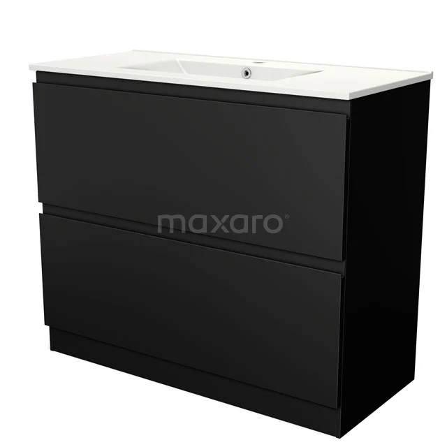 Zwart badkamermeubel met twee lades, rechthoekige keramische wastafel en strakke afwerking; ideaal voor moderne badkamers.