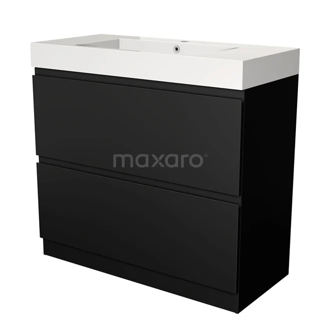 Zwart badkamermeubel met twee lades en een witte keramische wasbak, modern design geschikt voor elke badkamerstijl.