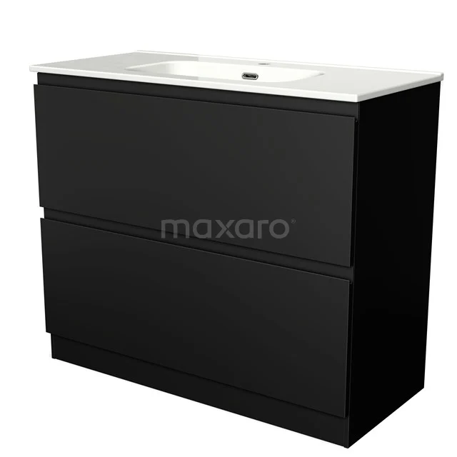 Zwarte badkamermeubel met dubbele lades, witte wastafel en strak modern ontwerp, perfect voor een stijlvolle badkamer.