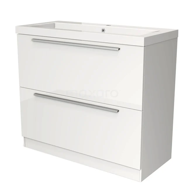Witte wastafelmeubel met twee laden, strakke lijnen en chromen handgrepen, perfect voor een moderne badkamer inrichting.