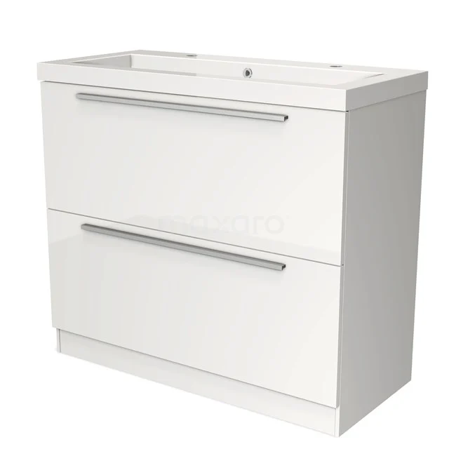 Wit badkamermeubel met twee lades, strak design, metalen handgrepen, inclusief wastafel; ideaal voor moderne badkamers.