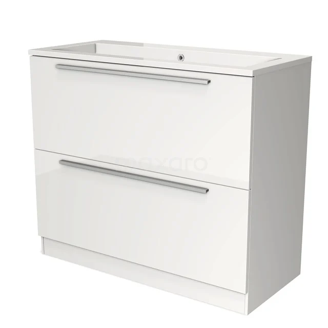 Witte badkamerkast met twee metalen handgrepen en een glanzende afwerking, ideaal voor moderne badkamers.